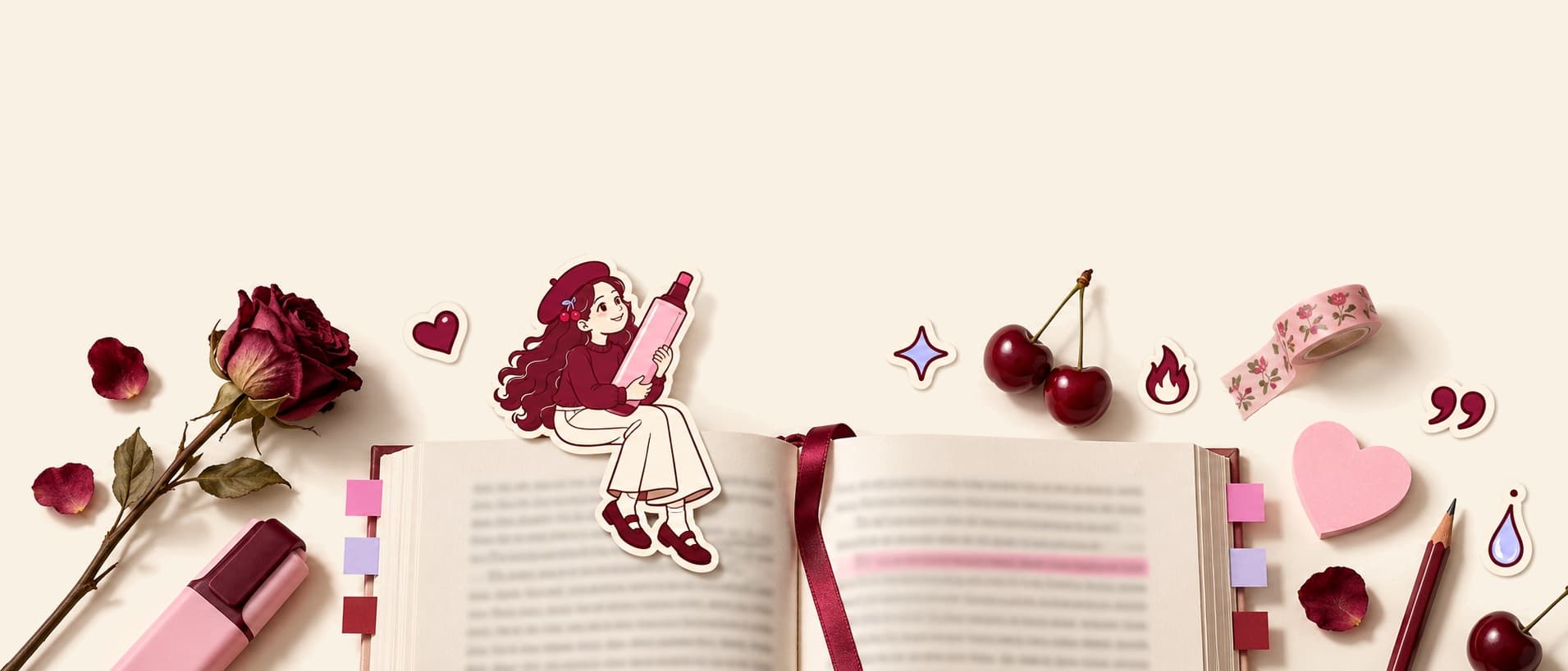 An open romance paperback with a highlighted line, sticky tabs, a highlighter and washi tape, with a sticker girl sitting on its edge