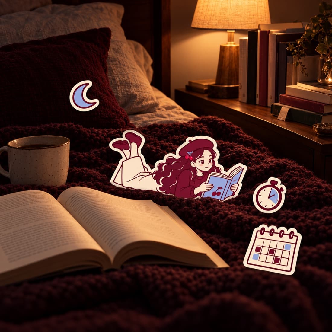 A sticker girl reading in bed by lamplight