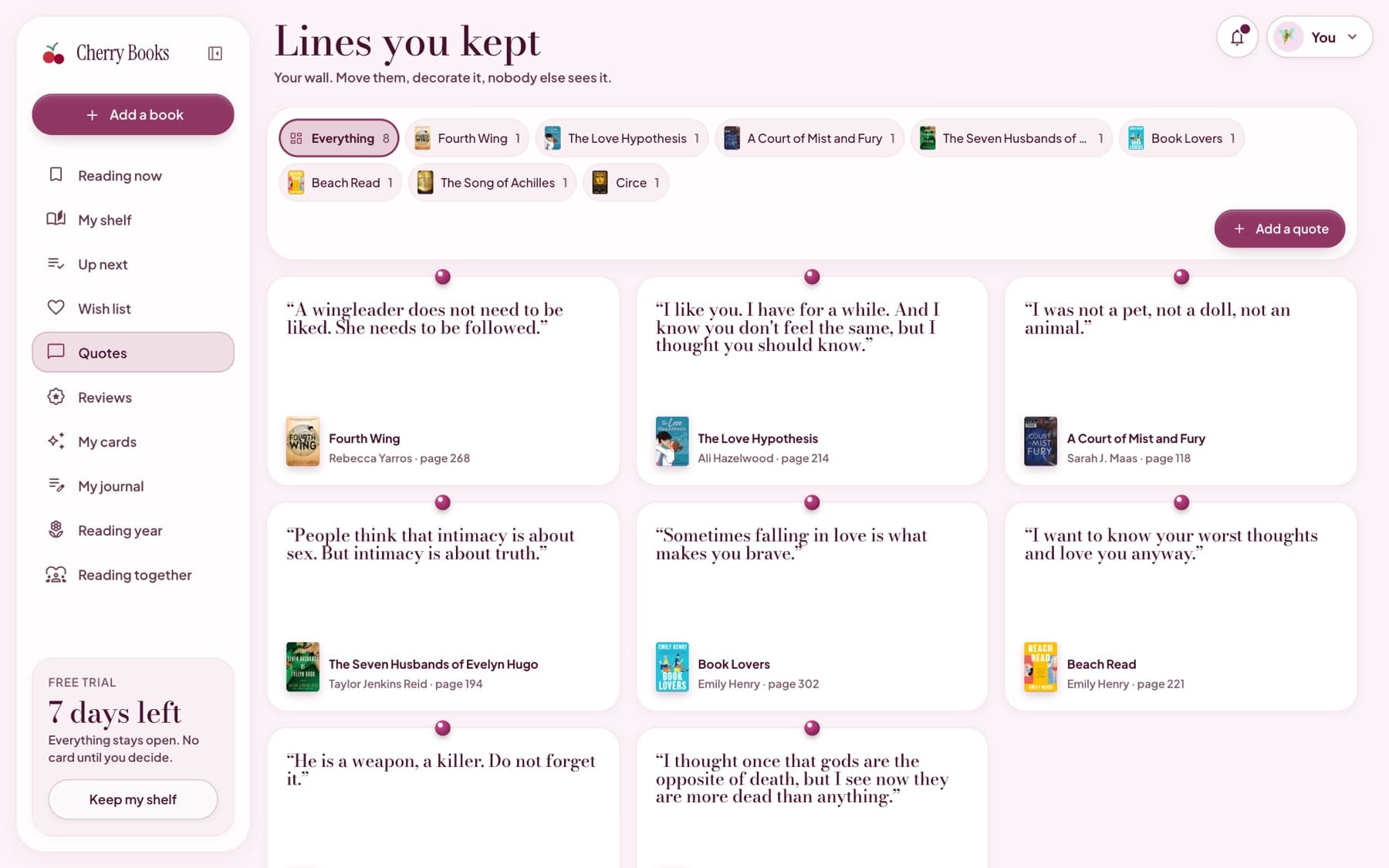 The quote wall with lines from favourite books