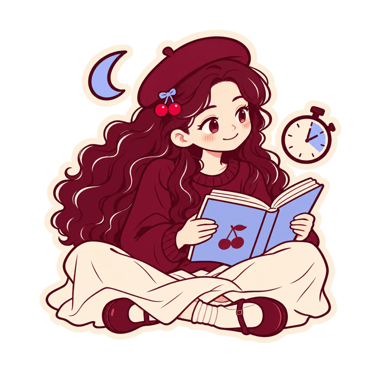 She reads cross-legged, a stopwatch ticking beside her