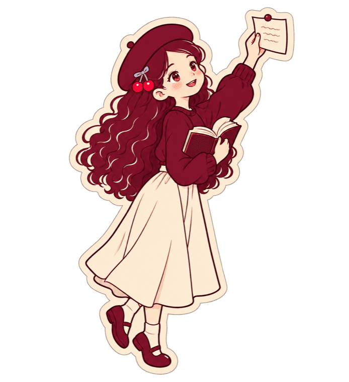 She pins a quote note up, an open book held to her chest
