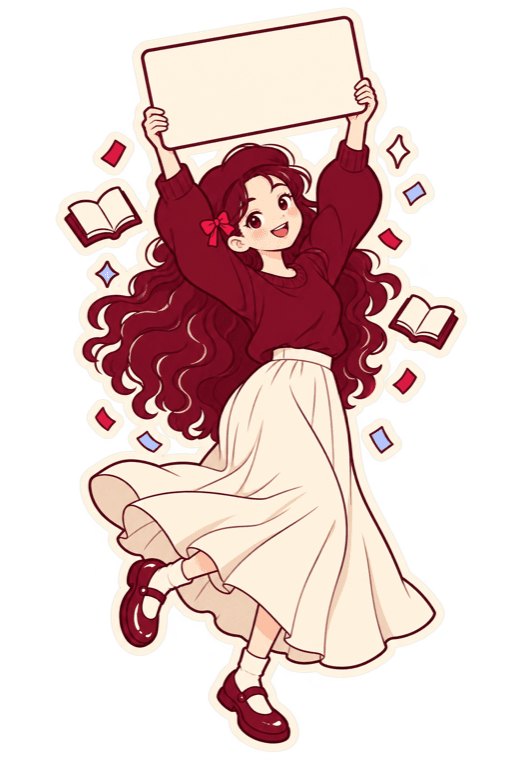 She holds a big card over her head like a trophy