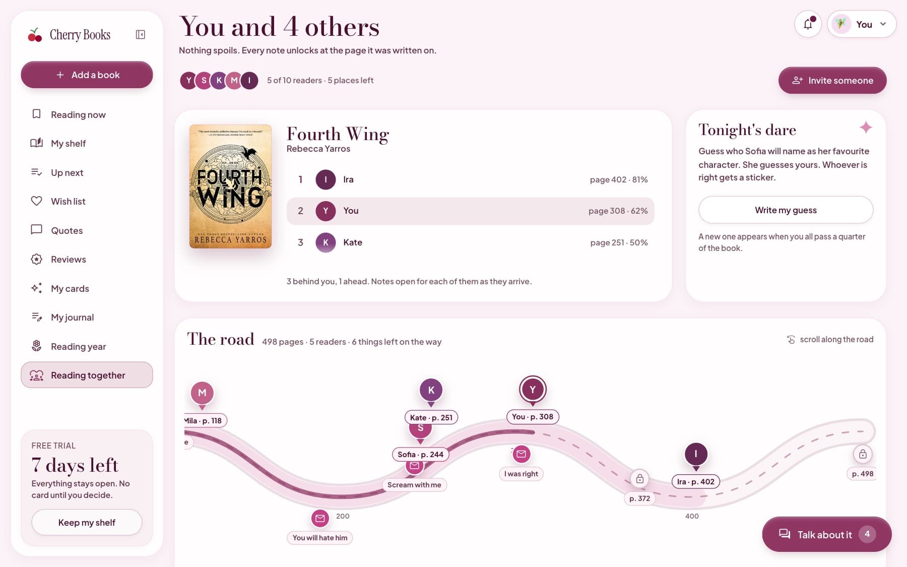 Reading together: five readers along a road of pages, with sealed notes waiting